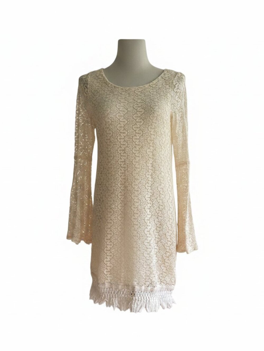 Lace covered bell sleeve fringe dress size L butter yellow/cream love, Fire